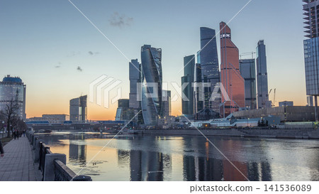 Sunset at Moscow City business center skyscrapers office buildings and luxury apartments timelapse hyperlapse. 141536089
