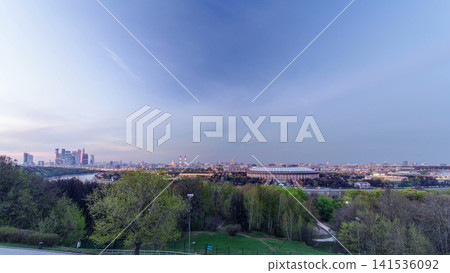 Panoramic aerial view of Moscow City, Russia, from Sparrow Hills day to night timelapse Panoramic aerial view of Moscow City, Russia, from Sparrow Hills day to night timelapse 141536092