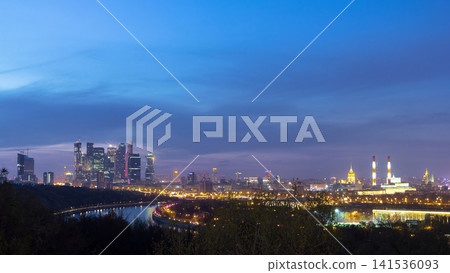 Panoramic aerial view of Moscow City, Russia, from Sparrow Hills day to night timelapse Panoramic aerial view of Moscow City, Russia, from Sparrow Hills day to night timelapse 141536093