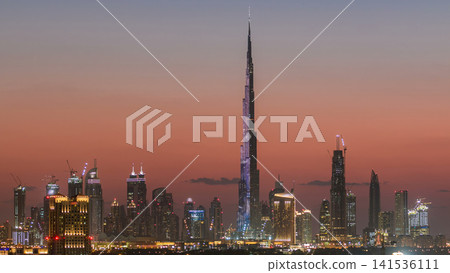 Skyline of Downtown Dubai day to night timelapse. Skyline of Downtown Dubai day to night timelapse. 141536111