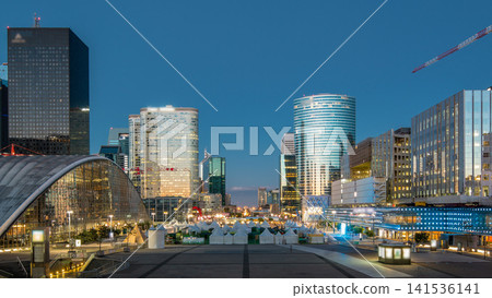 The stunning Defence Parisian business district bristling with skyscrapers day to night timelapse. The stunning Defence Parisian business district bristling with skyscrapers day to night timelapse. 141536141