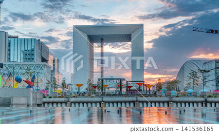 Paris Defense business district skyline and office buildings at sunset timelapse. Paris, France 141536165