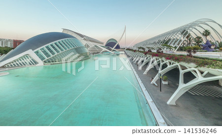 Stunning aerial timelapse hyperlapse of Valencia's City of Arts and Sciences, Spain. Stunning aerial timelapse hyperlapse of Valencia's City of Arts and Sciences, Spain. 141536246