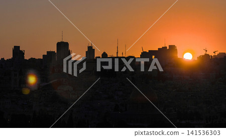 Jerusalem view over the City at sunset timelapse with the Dome of the Rock from the Mount of Olives. Jerusalem view over the City at sunset timelapse with the Dome of the Rock from the Mount of Olives. 141536303