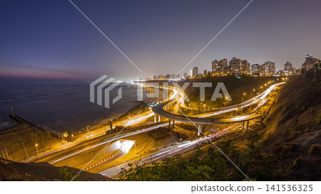 Aerial view of Lima's Coastline in the neighborhood of Miraflores day to night timelapse, Lima, Peru Aerial view of Lima's Coastline in the neighborhood of Miraflores day to night timelapse, Lima, Peru 141536325