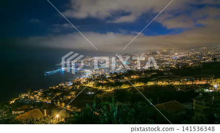 Island landscape after sunset panoramic view to Funchal, Madeira, Portugal timelapse Island landscape after sunset panoramic view to Funchal, Madeira, Portugal timelapse 141536348