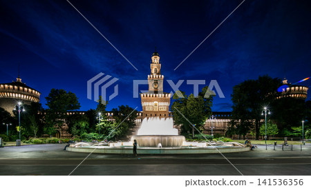 Main entrance to the Sforza Castle and tower - Castello Sforzesco day to night timelapse, Milan, Italy 141536356