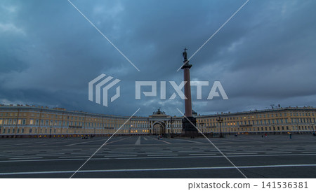 Palace Square night lights view of Alexander Column night to day timelapse hyperlapse in St. Petersburg, Russia. Palace Square night lights view of Alexander Column night to day timelapse hyperlapse in St. Petersburg, Russia. 141536381