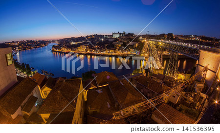 Panorama of old city Porto at river Duoro after sunset day to night timelapse, Oporto, Portugal Panorama of old city Porto at river Duoro after sunset day to night timelapse, Oporto, Portugal 141536395