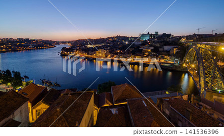 Panorama of old city Porto at river Duoro after sunset day to night timelapse, Oporto, Portugal Panorama of old city Porto at river Duoro after sunset day to night timelapse, Oporto, Portugal 141536396