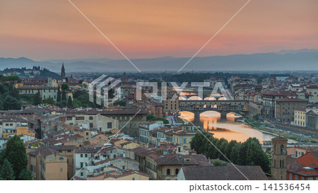 Skyline view of Arno River timelapse. Ponte Vecchio from Piazzale Michelangelo at Sunset, Florence, Italy. Skyline view of Arno River timelapse. Ponte Vecchio from Piazzale Michelangelo at Sunset, Florence, Italy. 141536454