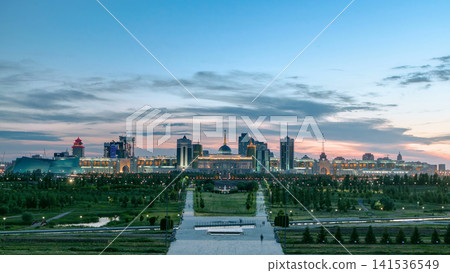 Panorama of the Astana city day to night timelapse and the president's residence Akorda with park Panorama of the Astana city day to night timelapse and the president's residence Akorda with park 141536549