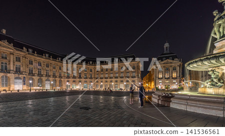 Place de la Bourse panorama and the fountains at night timelapse in Bordeaux, France. 141536561