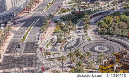 View of intersection with many transports in traffic Timelapse Aerial View of intersection with many transports in traffic Timelapse Aerial 141536658