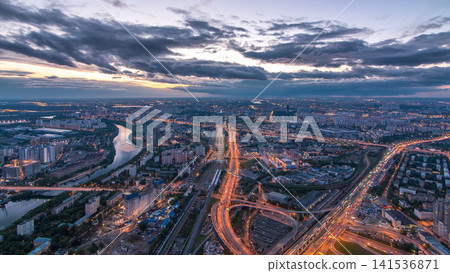 Aerial top view of Moscow city day to night timelapse after sunset. From the observation deck Aerial top view of Moscow city day to night timelapse after sunset. From the observation deck 141536871
