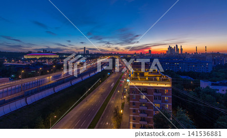 The Third Ring Road after sunset day to night timelapse aerial view from rooftop. Moscow, Russia. The Third Ring Road after sunset day to night timelapse aerial view from rooftop. Moscow, Russia. 141536881