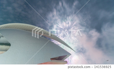 Aerial timelapse of the Palau de les Arts Reina Sofia in Valencia during a fireworks show. Spain Aerial timelapse of the Palau de les Arts Reina Sofia in Valencia during a fireworks show. Spain 141536925