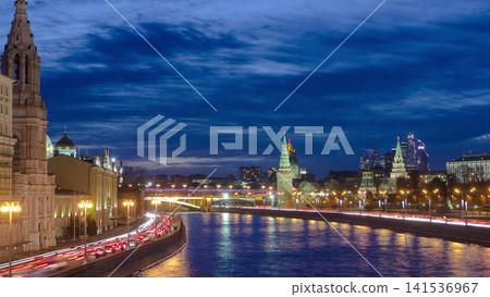 Ensemble of Moscow Kremlin and Moskva-City business center view across Moskva river at a winter day to night timelapse hyperlapse Ensemble of Moscow Kremlin and Moskva-City business center view across Moskva river at a winter day to night timelapse hyperlapse 141536967