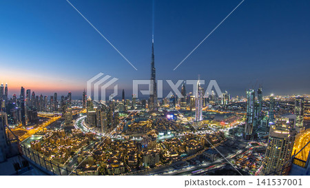 Dubai Downtown day to night timelapse view from the top in Dubai, United Arab Emirates Dubai Downtown day to night timelapse view from the top in Dubai, United Arab Emirates 141537001