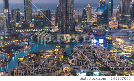 Dubai Downtown day to night timelapse view from the top in Dubai, United Arab Emirates Dubai Downtown day to night timelapse view from the top in Dubai, United Arab Emirates 141537003
