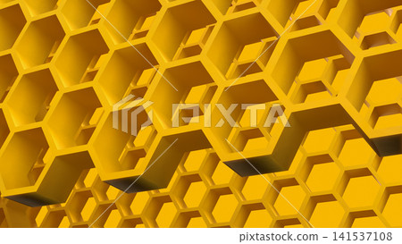 Golden Honeycomb Maze with Layered Hexagonal Pattern 3d render. Golden Honeycomb Maze with Layered Hexagonal Pattern 3d render. 141537108