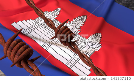 Cambodia Flag Behind Rusty Barbed Wire Border 3d Cambodia Flag Behind Rusty Barbed Wire Border 3d 141537110