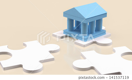 Bank Building on Jigsaw Puzzle for Financial Solutions 3d render. Bank Building on Jigsaw Puzzle for Financial Solutions 3d render. 141537119