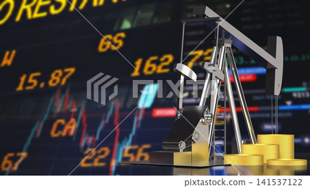 Oil Pump Jack and Golden Coins in Global Energy Market 3d render. Oil Pump Jack and Golden Coins in Global Energy Market 3d render. 141537122