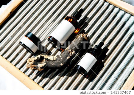 Fermented skincare products with natural ingredients on washboard Fermented skincare products with natural ingredients on washboard 141537407