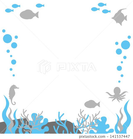 夏季、海洋生物、水下、邊框、裝飾邊框、輪廓、設計、背景、留白、插圖素材 141537447