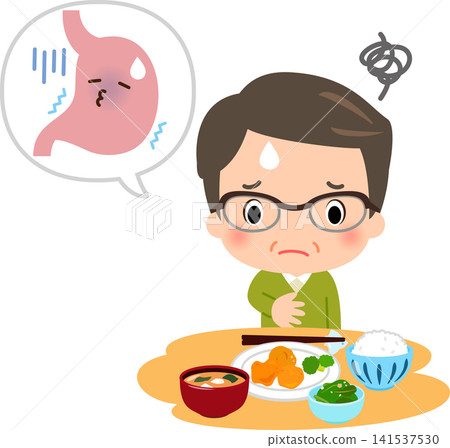 A middle-aged man is hesitant to eat because he has an upset stomach. A middle-aged man is hesitant to eat because he has an upset stomach. 141537530
