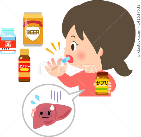 一位服用營養補充品和藥物的女性,以及肝臟功能虛弱的角色。 一位服用營養補充品和藥物的女性,以及肝臟功能虛弱的角色。 141537532