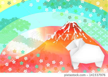 Mount Fuji, traditional Japanese patterns, and origami animals Mount Fuji, traditional Japanese patterns, and origami animals 141537976