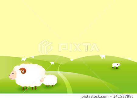 A family of fluffy animals grazing on a bright green hill. A family of fluffy animals grazing on a bright green hill. 141537985