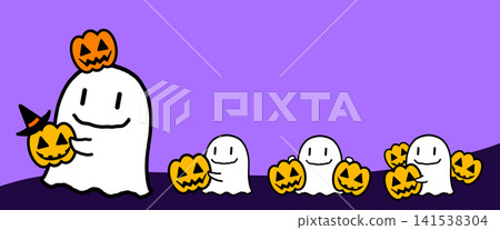 Cute hand-drawn style frame with Halloween motifs, a parade of ghosts Cute hand-drawn style frame with Halloween motifs, a parade of ghosts 141538304