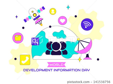 World Development Information Day Illustration Featuring Global Digital Communication, Information Technology, Satellite Network and Data Connectivity World Development Information Day Illustration Featuring Global Digital Communication, Information Technology, Satellite Network and Data Connectivity 141538756