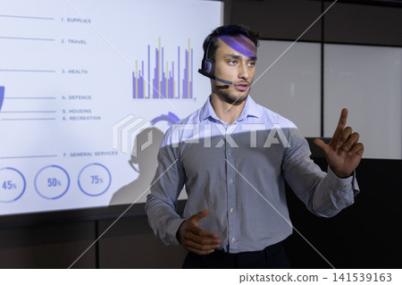Asian man showing bar charts, diagrams on projector screen at meeting with headset, copy space Asian man showing bar charts, diagrams on projector screen at meeting with headset, copy space 141539163