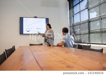 Asian woman presenting data charts on wall-mounted display at office, copy space Asian woman presenting data charts on wall-mounted display at office, copy space 141540034