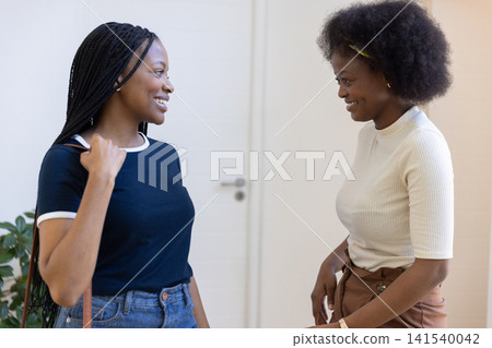 African American female friends chatting in entry hallway holding shoulder bag near potted plant African American female friends chatting in entry hallway holding shoulder bag near potted plant 141540042