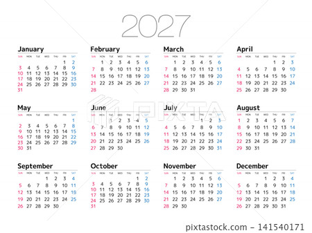 2027年曆，星期日為起始日，不含日本國定假日（橫版） 141540171