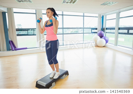 Female exerciser wearing pink tanktop balancing on aerobic step holding blue dumbbells near windows Female exerciser wearing pink tanktop balancing on aerobic step holding blue dumbbells near windows 141540369