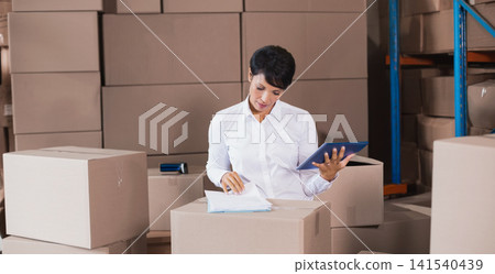Mature woman standing amid boxes in storage holding pen, tablet and checking paperwork near racks Mature woman standing amid boxes in storage holding pen, tablet and checking paperwork near racks 141540439