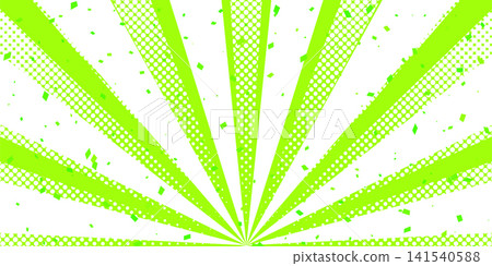 明亮的綠色太陽光芒背景,五彩紙屑在空中飄舞。 明亮的綠色太陽光芒背景,五彩紙屑在空中飄舞。 141540588