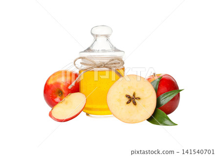 Red apples and a honey jar with ribbon, isolated on white, PNG 141540701