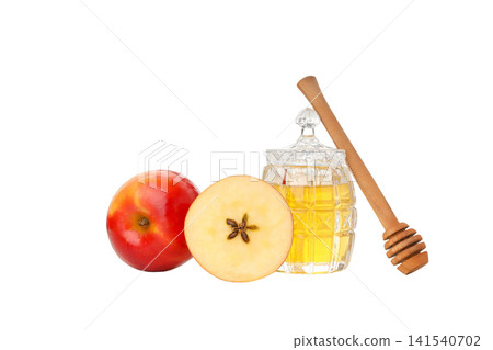 Red apples with a honey dipper, isolated on white, PNG Red apples with a honey dipper, isolated on white, PNG 141540702