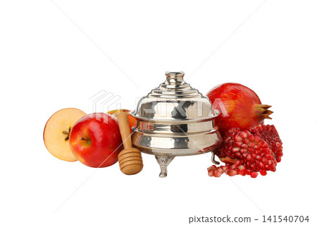 Silver bowl holds honey, apples, pomegranates, isolated on white, PNG Silver bowl holds honey, apples, pomegranates, isolated on white, PNG 141540704