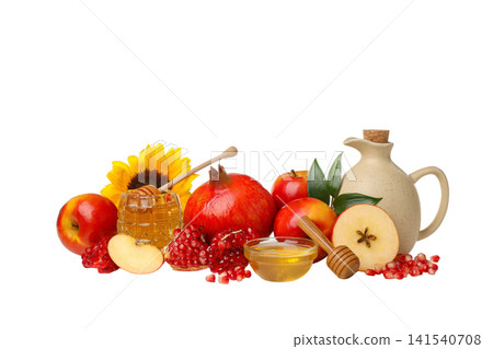 Bright fruits and honey in vivid colors, isolated on white, PNG Bright fruits and honey in vivid colors, isolated on white, PNG 141540708