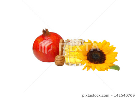 Pomegranate, honey dipper, and sunflower art, isolated on white, PNG Pomegranate, honey dipper, and sunflower art, isolated on white, PNG 141540709