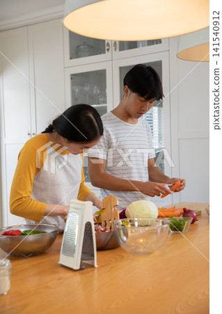 Asian couple chopping cabbage and peeling carrots using peeler on island in cozy kitchen Asian couple chopping cabbage and peeling carrots using peeler on island in cozy kitchen 141540912