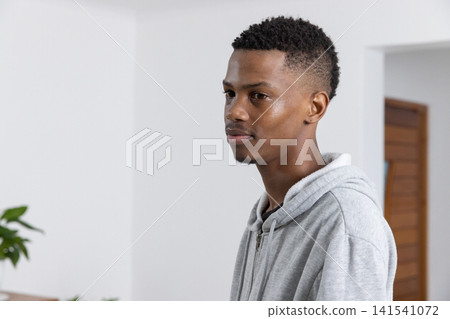 African american male standing near doorframe at home in hoodie with potted plant, copy space African american male standing near doorframe at home in hoodie with potted plant, copy space 141541072